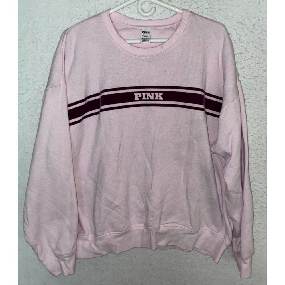 Victoria's Secret PINK Womens XXL Sweatshirt Striped Fleece Logo Spellout Crew